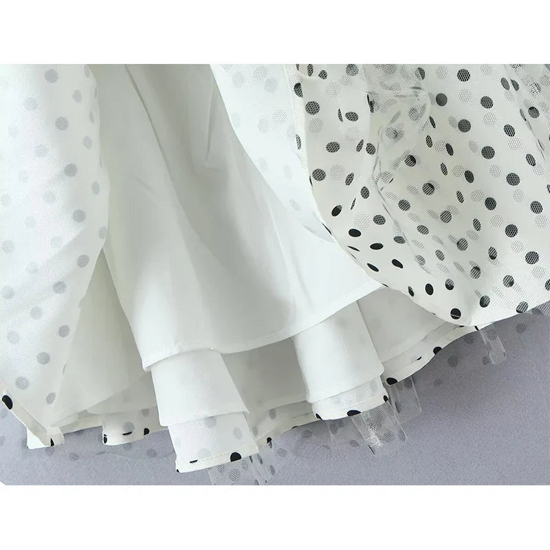 YENKYE Summer 2026 Women White Polka Dot Mini Dress Sexy Backless Halter Mesh Hem Beach Vacation Dresses French Style Robe