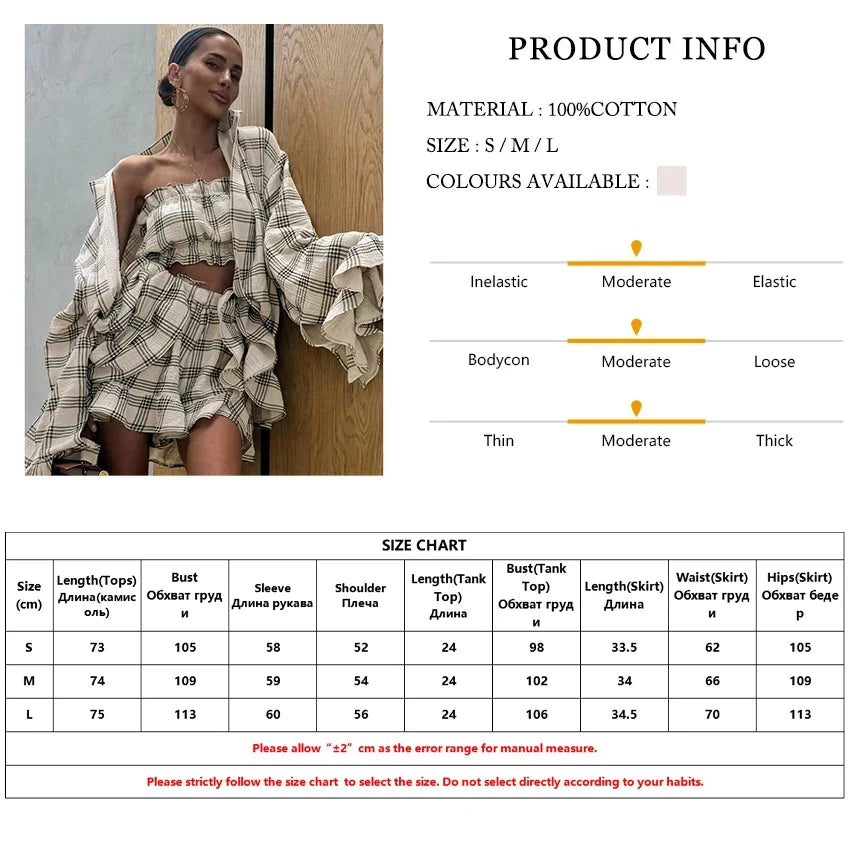 Clacive Fashion Loose Plaid Cotton Shorts Sets For Women 2 Piece Elegant Long Sleeve Shirt + Tube Top With High Waist Shorts Set