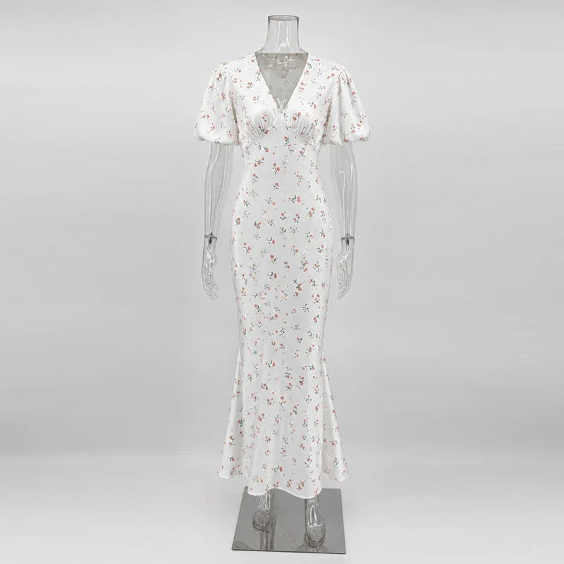 TARUXY Stylish Printed Maxi Dress Women Elegant Slim V-Neck Short-Sleeve Evening Dress Summer New Casual Commuter Female Dress
