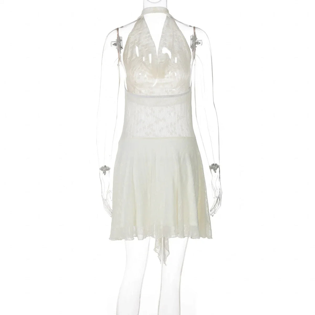 Cryptographic Fashion Halter Draped Mini Dress Sexy Backless A-Line Sheer Frill Hem Dresses Coquette Summer Vacation Vestido