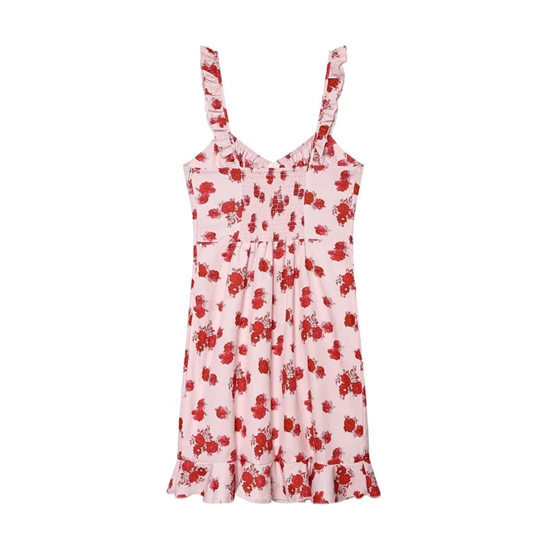 YENKYE 2026 Summer Floral Print Mini Dress Women Ruffle Strap V Neck A-line Sundress Holiday Robe