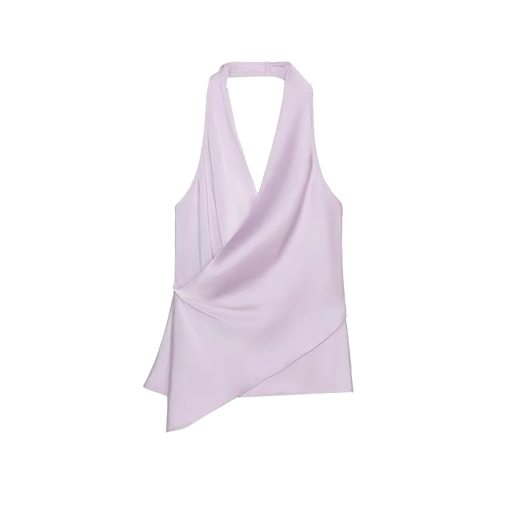 4 colors Sexy Ruched Cross Front Satin Halter Tank Top Women One Button Side Asymmetric Camisole Camis Crop Tee Brown Lavender