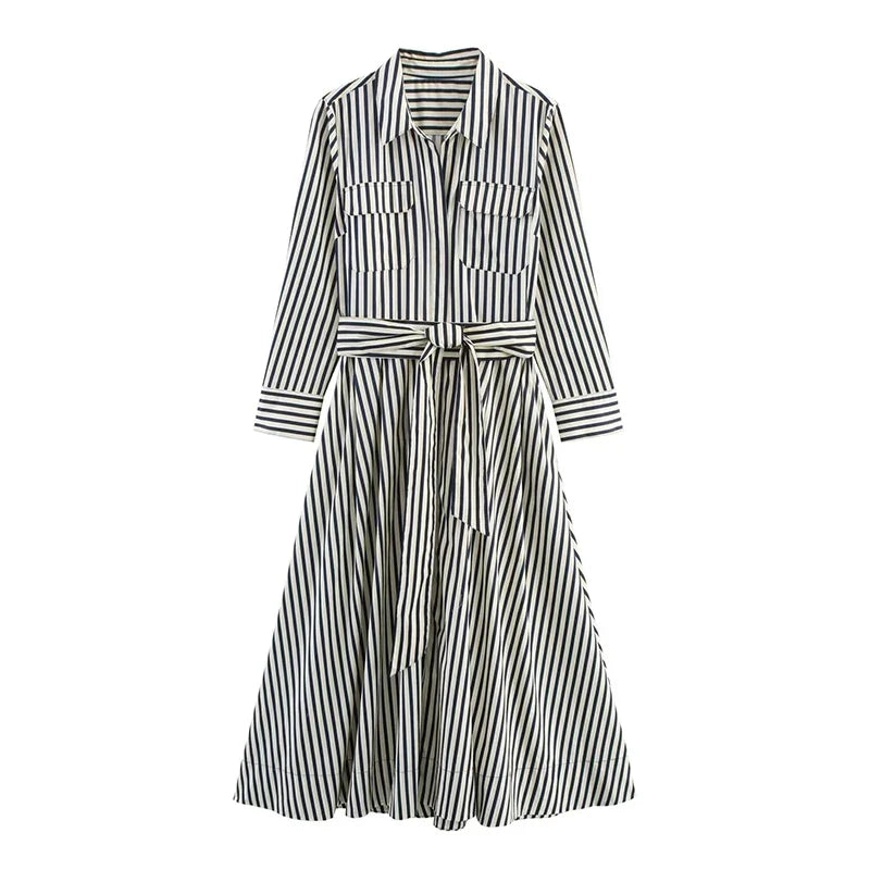 YENKYE  Front Button Striped Shirt Dress For Women Long Sleeve  With Belt A-line Midi Autumn Dresses Office Casual Vestidos