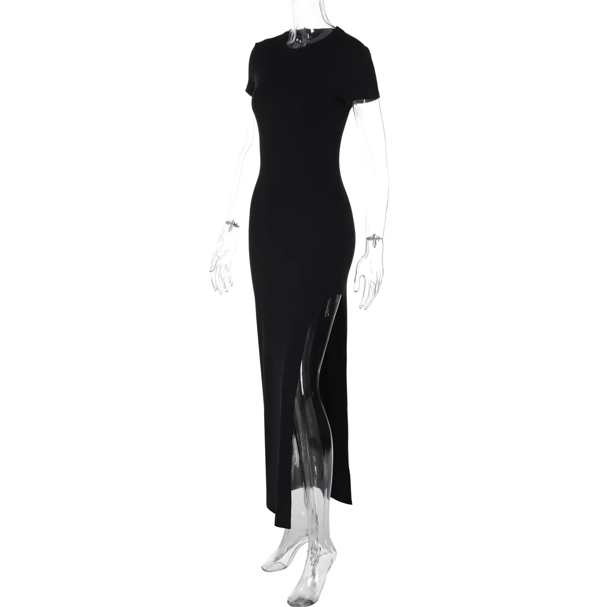 Cryptographic Round Neck Short Sleeve Sexy Bodycon Long Dress Summer Outfits for Women Casual Split Black Dresses Solid Clothes