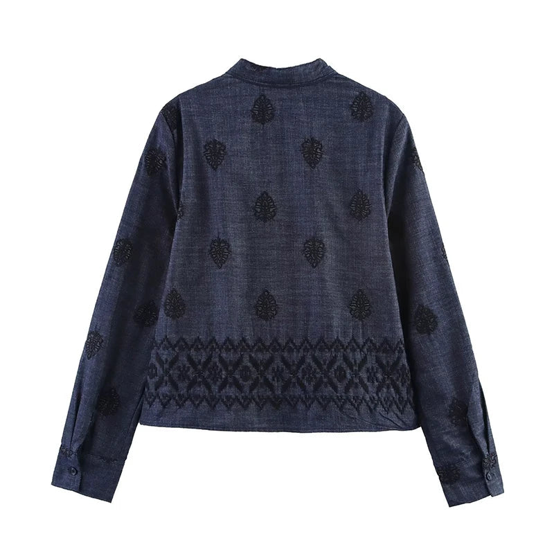 YENKYE Vintage Women Long Sleeve V Neck Embroidered  Blouse Spring Summer 2025 Streetwear Tops Blusas Mujer