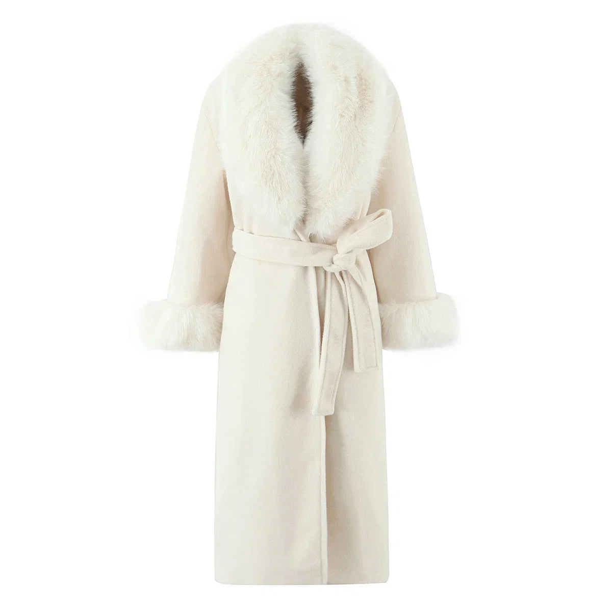 New Autumn Winter Black Shaggy Faux Fur Lapel Collar Woolen Coat Women Bow Sashes Long Sleeve No Button Midi Trench Outerwear