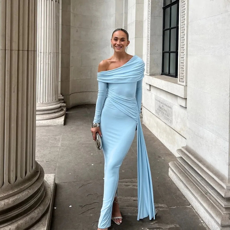 Cryptographic Elegant Asymmetrical Ruched Maxi Dress Party Club Outfits for Women Long Sleeve Sexy Bodycon Maxi Dresses Gown