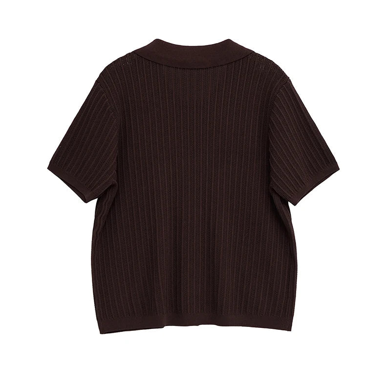 YENKYE Front Button Brown Hollow Out Knit T Shirt Women Short Sleeve Lapel Collar Female Summer Tees Casual  Lady Shirts 2025