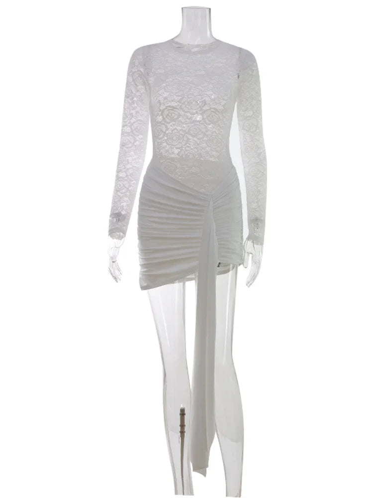 CNYISHE Lace Sheer Bodycon Sexy Club Women Dresses Solid Hip Wrap Fitness Skinny Trendy O Neck Long Sleeve Female Streetwear
