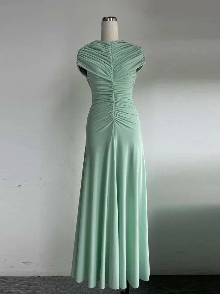 New Sexy O Neck Folds A-line Long Dress Women Short Sleeves Ruched Draped Dresses Elegant Evening Party Gowns