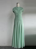 New Sexy O Neck Folds A-line Long Dress Women Short Sleeves Ruched Draped Dresses Elegant Evening Party Gowns