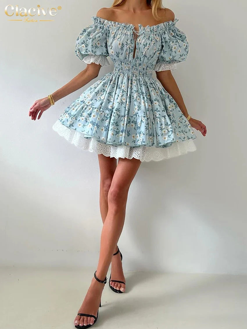 Clacive Summer Slim Print Women's Dress Fashion Slash Neck Short Sleeve Mini Dresses Elegant High Waist Patchwork Female Dress