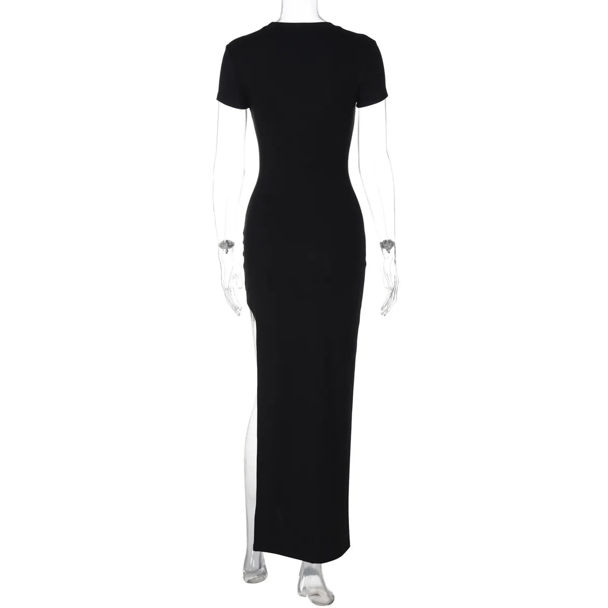 Cryptographic Round Neck Short Sleeve Sexy Bodycon Long Dress Summer Outfits for Women Casual Split Black Dresses Solid Clothes