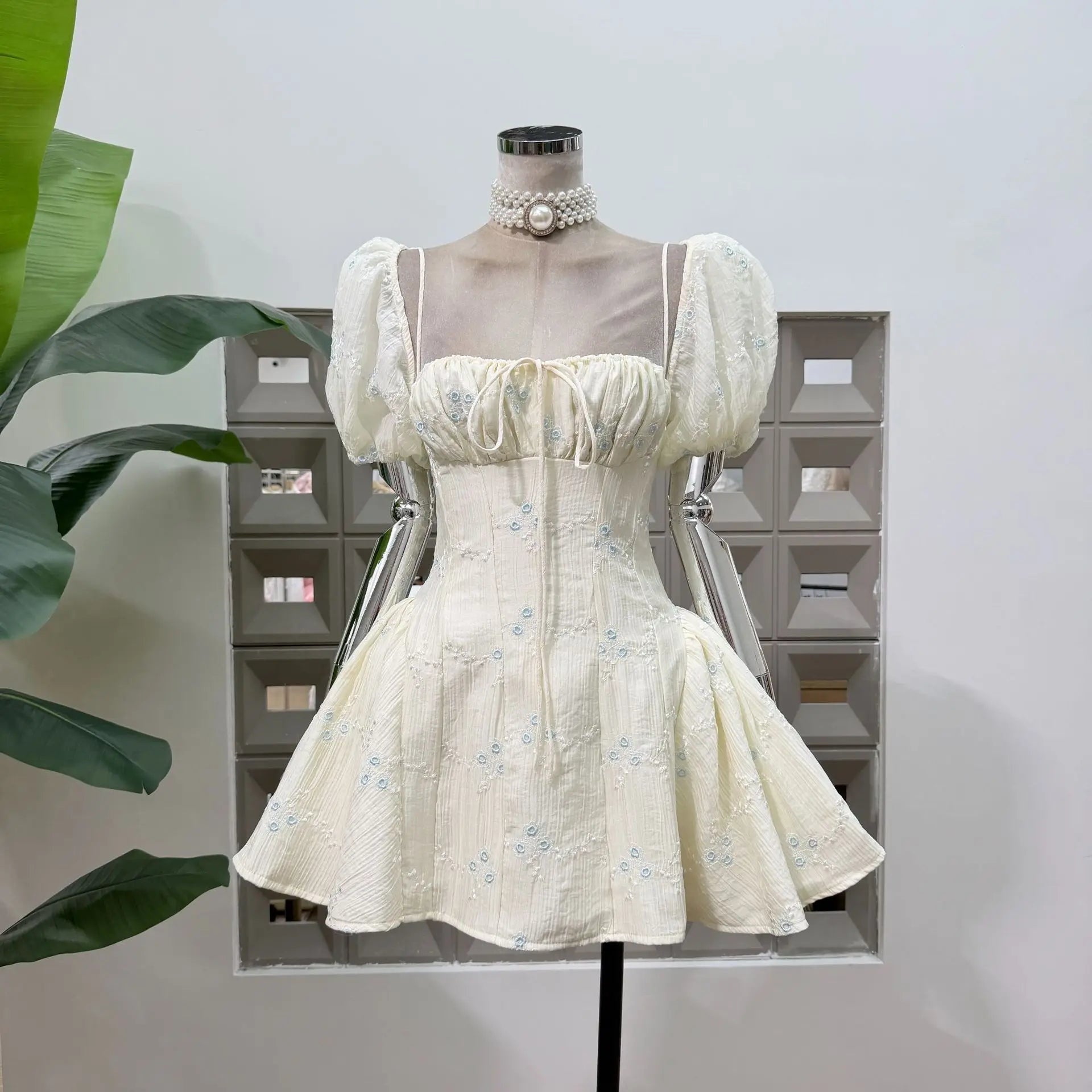 Summer Puff Sleeve Square Neck Corset Mini Dress Floral Embroidery A Line Sexy Party Homecoming Cocktail Women Casual Dresses