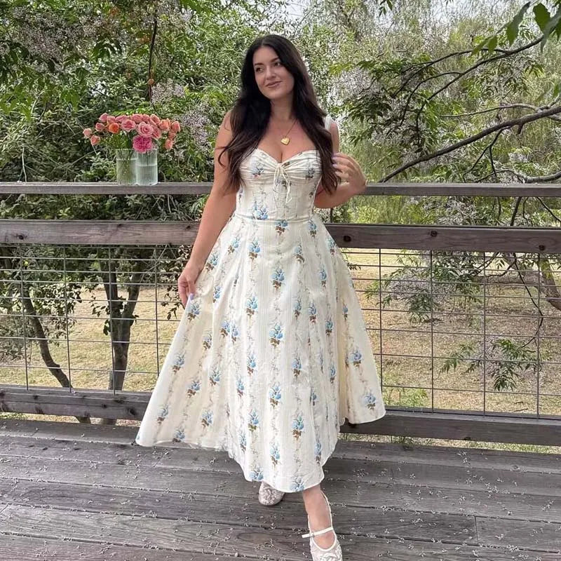 YENKYE New Fashion Women A-line Midi Elegant Party Dresses Sexy Wide Straps Lace Spliced Holiday Summer Floral Print Dress 2025