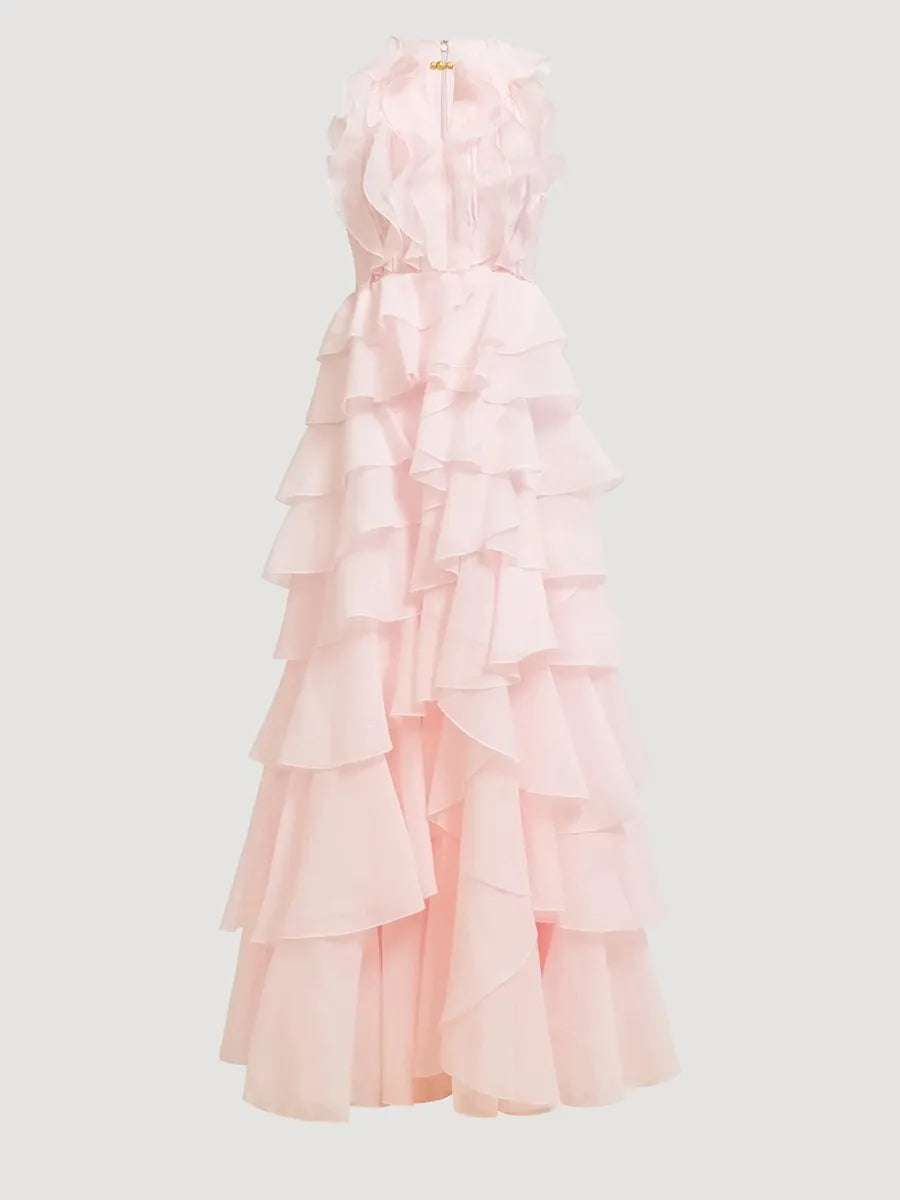 TWOTWINSTYLE Fashion Spliced Ruffles Elegant Long Dresses for Women O Neck Sleeveless High Waist Patchwork Fungus Dress Female
