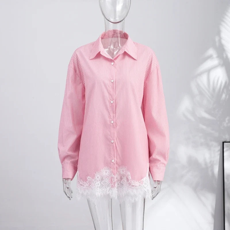 Beach Shirts Shorts Outfits Women Lapel Single Breasted Long Sleeves Lace Patchwork Sets Female 2026 Spring Summer Holiday Sets
