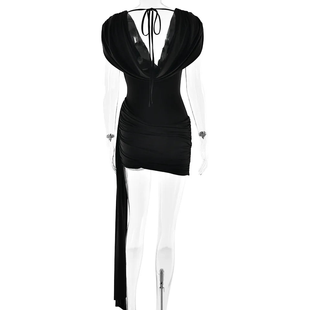 Cryptographic Elegant Ruched Draped V Neck Mini Dress Party Club Sexy Outfits for Women Sleeveless Sexy Bodycon Dresses Solid