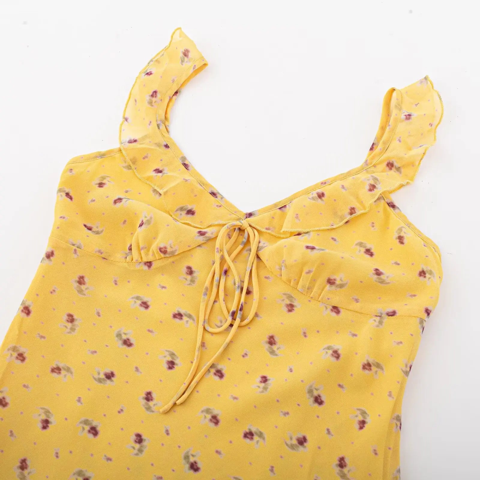 2026 Summer Women Yellow Floral Print V neck Ruffles Strap Sling Dress Slim Waist Side Zipper A-lined Short Tank Dresses Robe