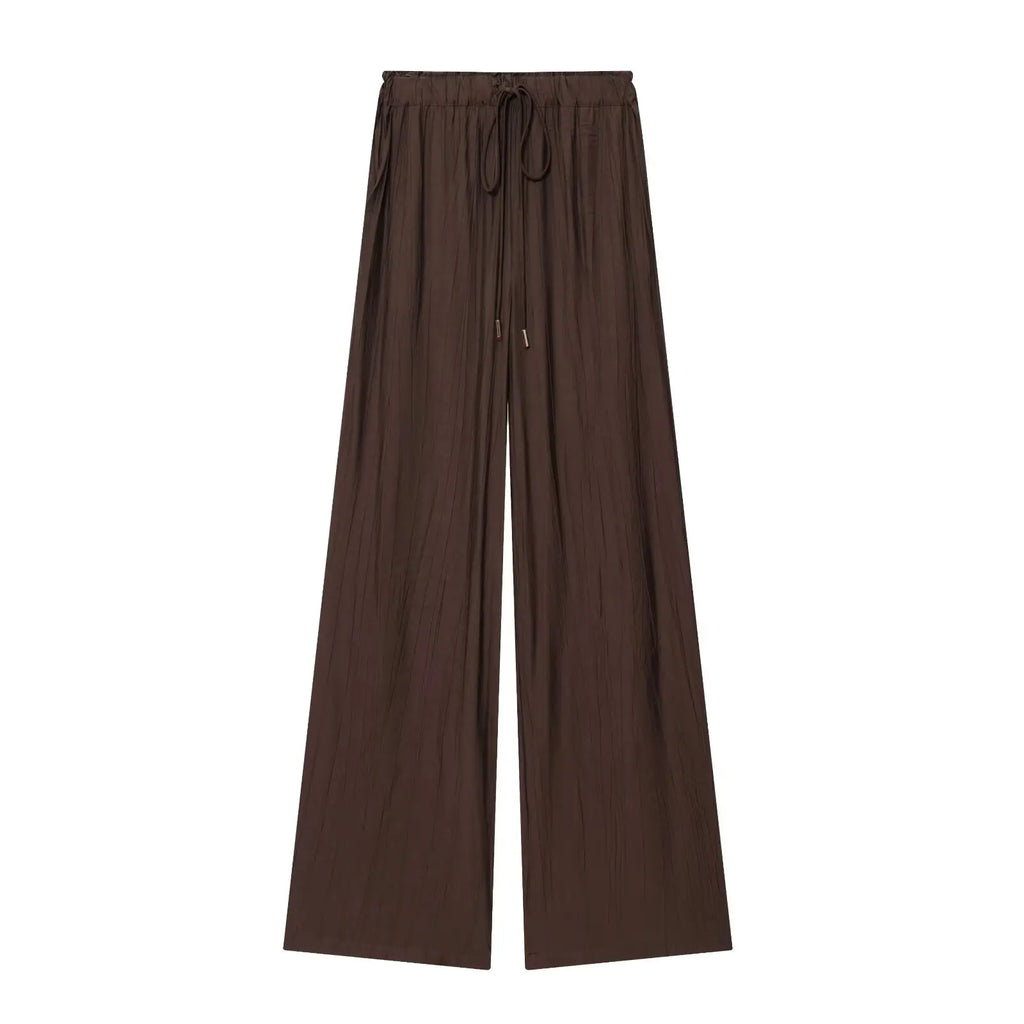 YENKYE Drawstring Elastic High Waist Brown Wide Leg Pants For Women Casual Loose Trousers pantalones de mujer