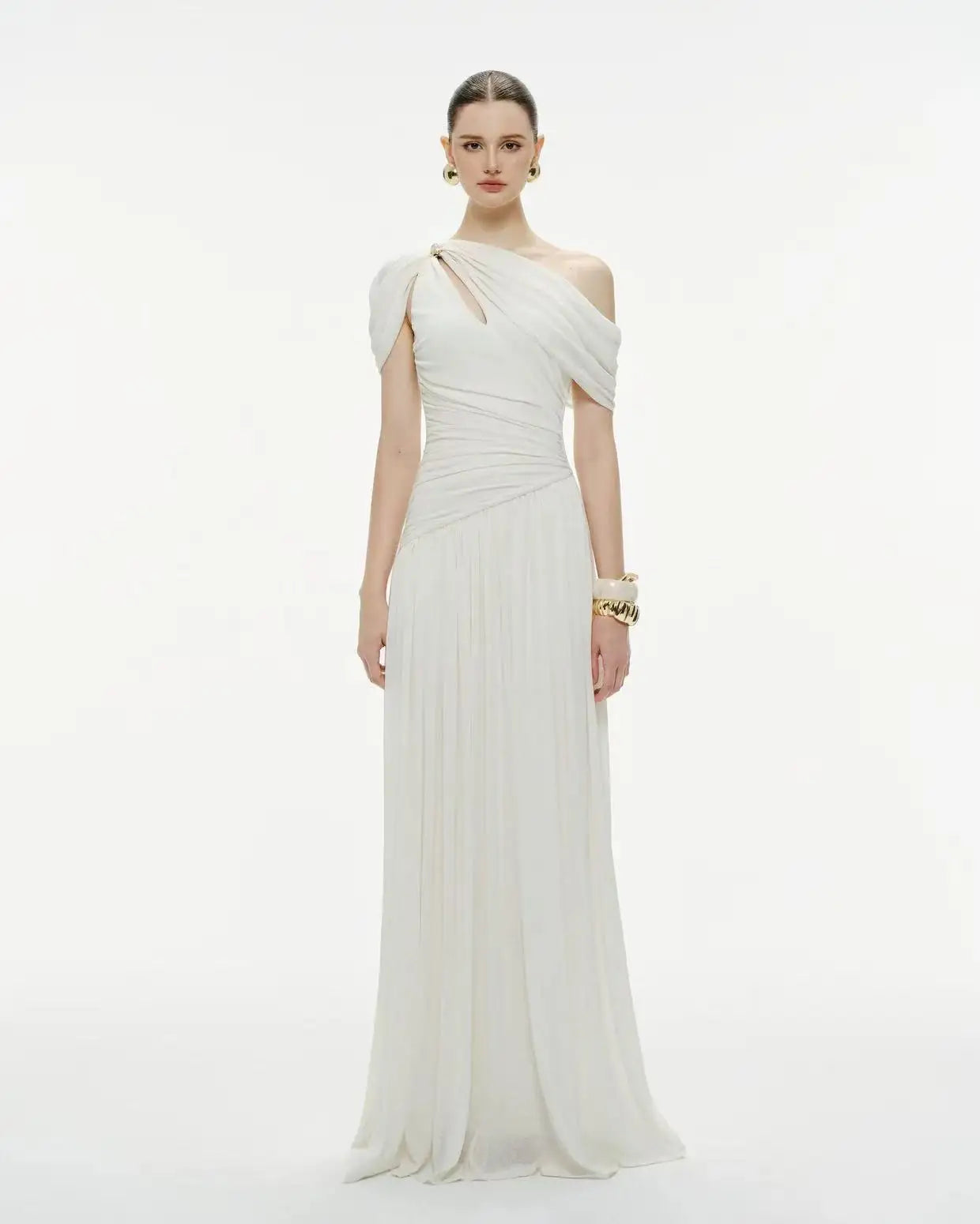 DEAT Elegant Dress Asymmetrical Pleated Long Hollow Out Solid Color Women's Evening Party Dresses 2026 Spring New Tide 35Z4129
