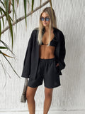 Bornladies Cotton Casual Pants Sets Women's Solid Color Cozy Lapel Long Sleeve Shirt Summer Outfit Elastic Waist Pants Suits
