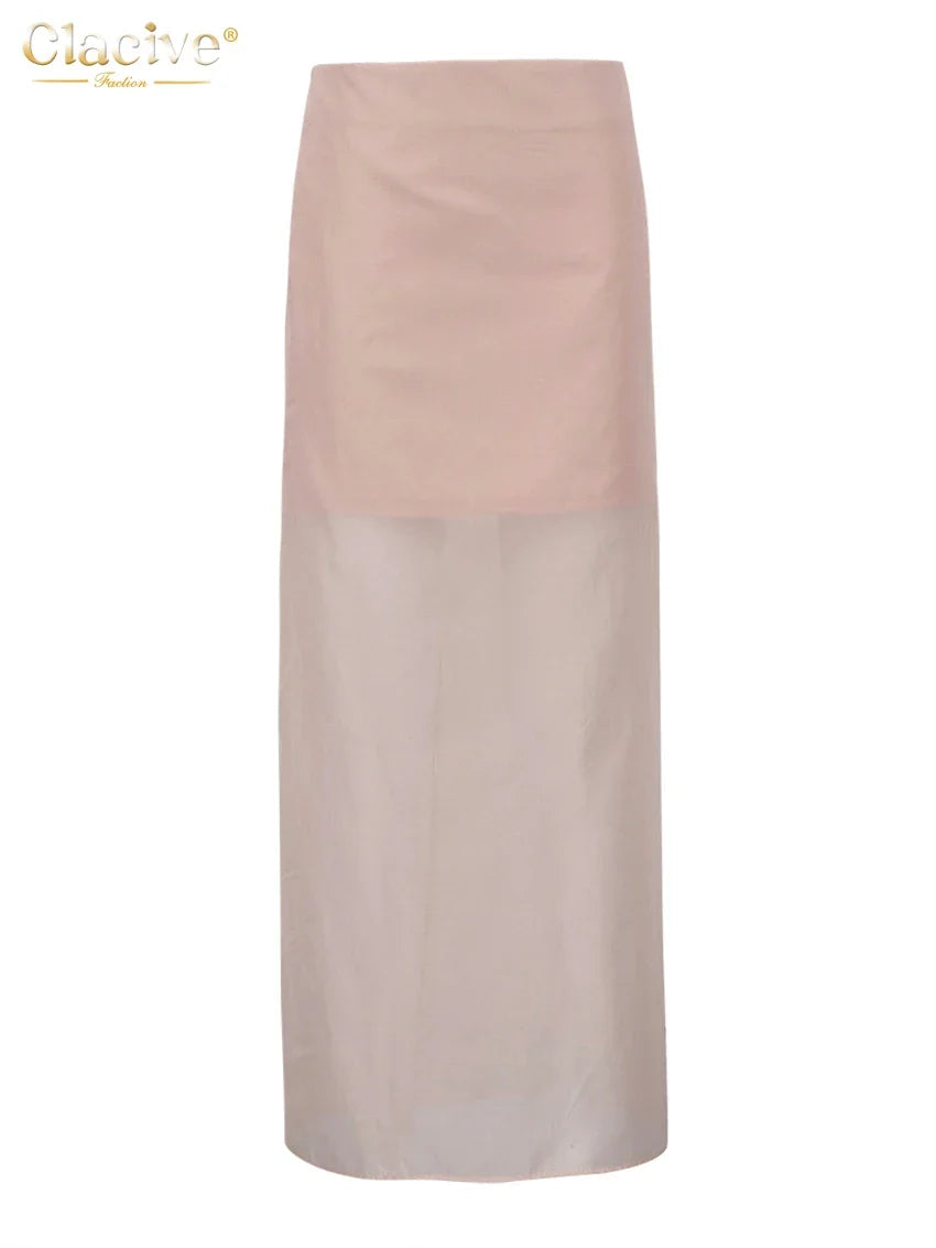 Clacive Fashion Loose Balck Women Skirt Casual High Waist Ankle Length Skirts Elegant Classic Mesh Spliced Skirt Female Clothing