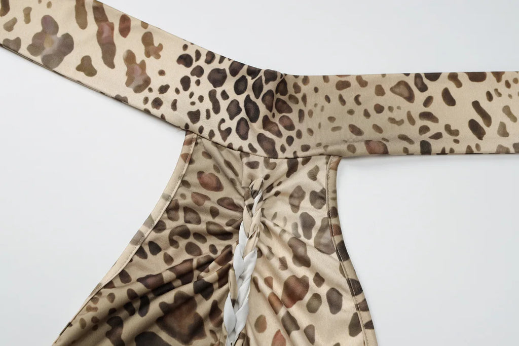 Cryptographic Fashion Halter Leopard Sexy Backless Maxi Dress Women Club Outfits Bandage Embellished Long Dresses Robe Clothes