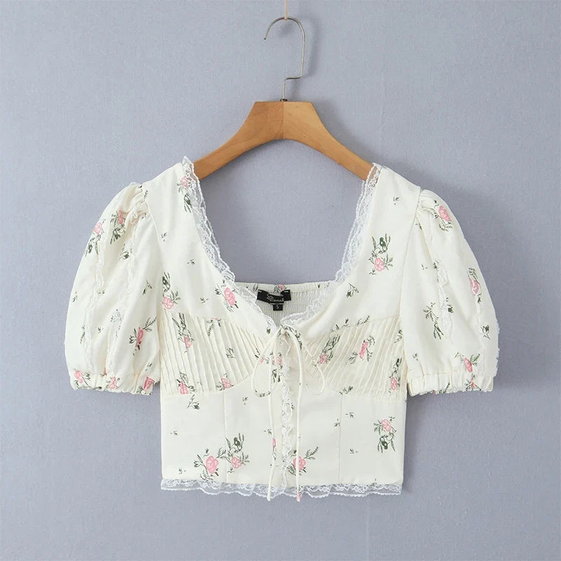 2024 Women Summer Vintage Floral Print Bow Tied Cropped Tank Tops Fashion V-Neck Short Sleeve Female Casual Chic Tops Vestidos