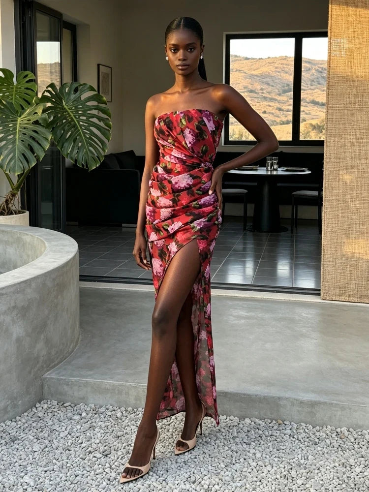 Sexy Strapless Printing Ruched Design Side Split Long Dress Women Sleeveless Printed Fods Slim Dresses Evening Party Nightclub