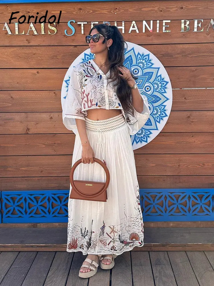 Foridol Marine Organism Embroidery Batwing Sleeve Summer Spring Maxi Skirt Set Cotton White Tassle Dress Set Outfits Button Suit