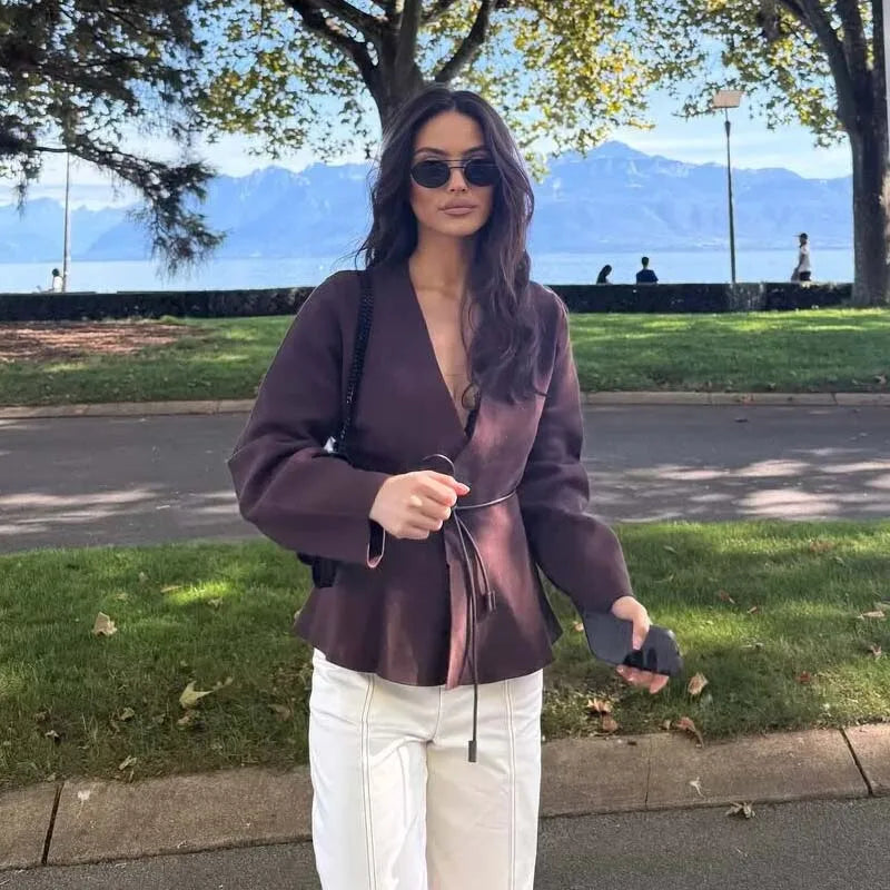 YENKYE 2025 Women With Belt Elegant Knitted Cardigan Cross V Neck Long Sleeve Commute Autumn Outerwear