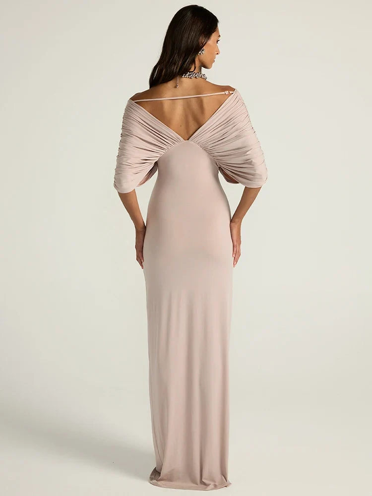 Mozision Women Off-shoulder Ruched Sexy Maxi Dress Elegant Deep V Neck Draped Sleeve Bodycon Club Party Long Dresses Female