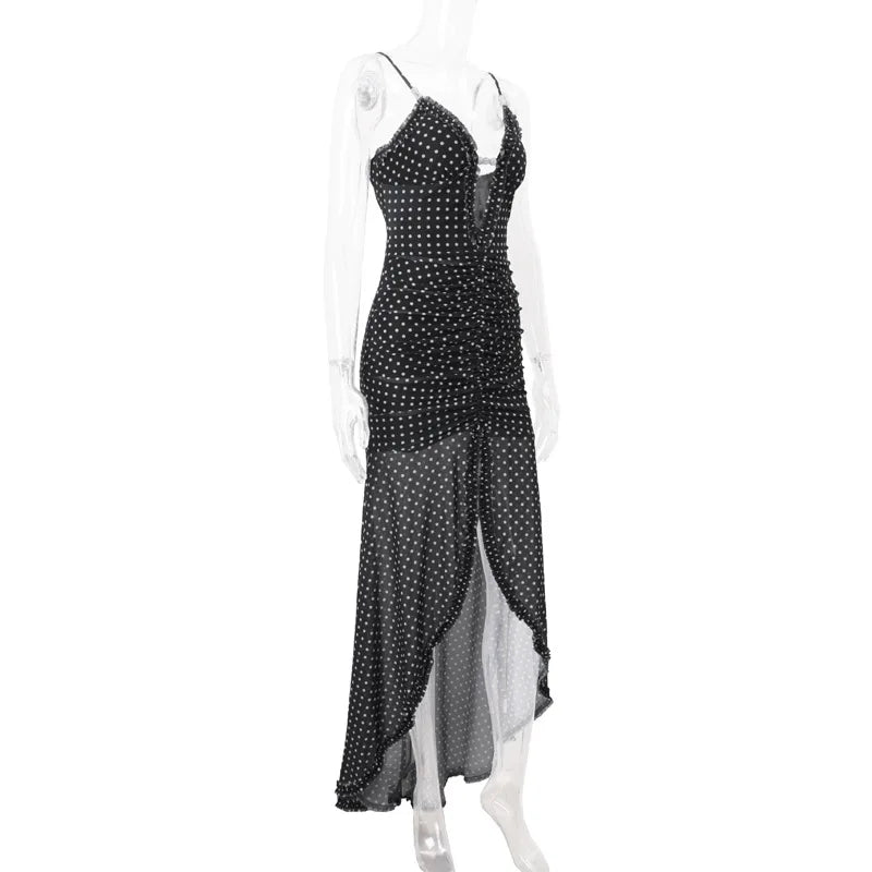 Cryptographic Summer Boho Polka Dot Split Ruched Dress Holiday Outfits for Women Sexy V Neck Backless Slip Mesh Dresses Clothes