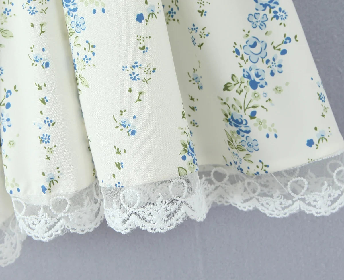 2025 Sexy Floral Print Spliced Lace Collar Corset style Lacing up Sling Dress Women Wood ears Low Waist Swing Mini Dresses Robe