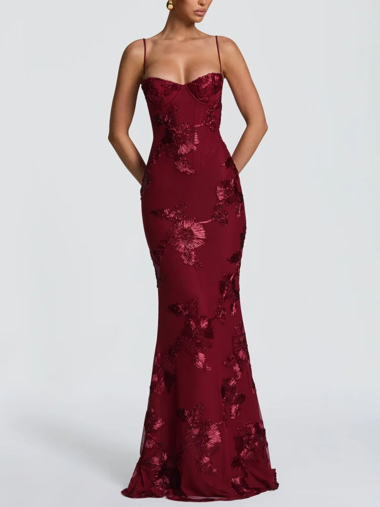 VC Elegant Yellow Floral Embroidered Mermaid Evening Dress for Women – Spaghetti Strap Corset Bodycon Maxi Gown Party Prom Dress
