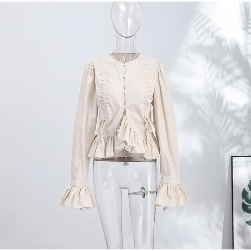 Fashion Street Ruffle Women's Blouse Solid Single Breasted Full Sleeve Pleated Cropped Shirt Lady New Casual Spring Clothing