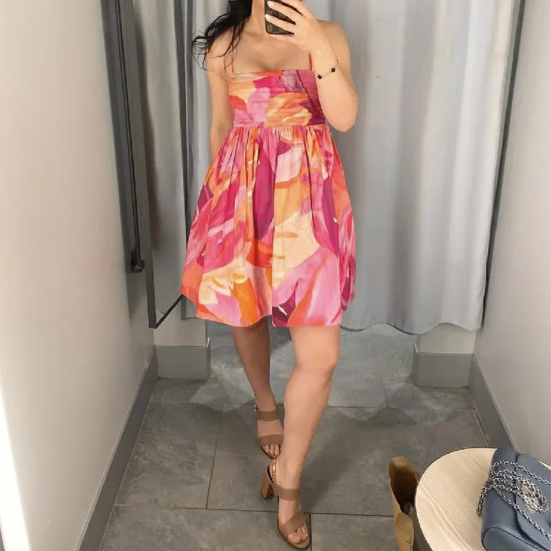 2023 Holiday Tie-dye Flower Print Slash Collar Ruched Chest Mini Sling Dress Sexy Low Back Backless Robe BOHO Summer Vestido