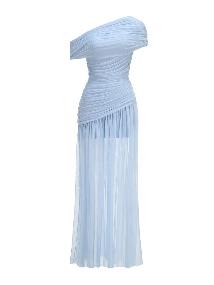Sexy One Shoulder Ruched Design Long Dress Women Blue Brown Mesh Diagonal Collar Folds Slim Dresses Evening Party Cocktail Gowns