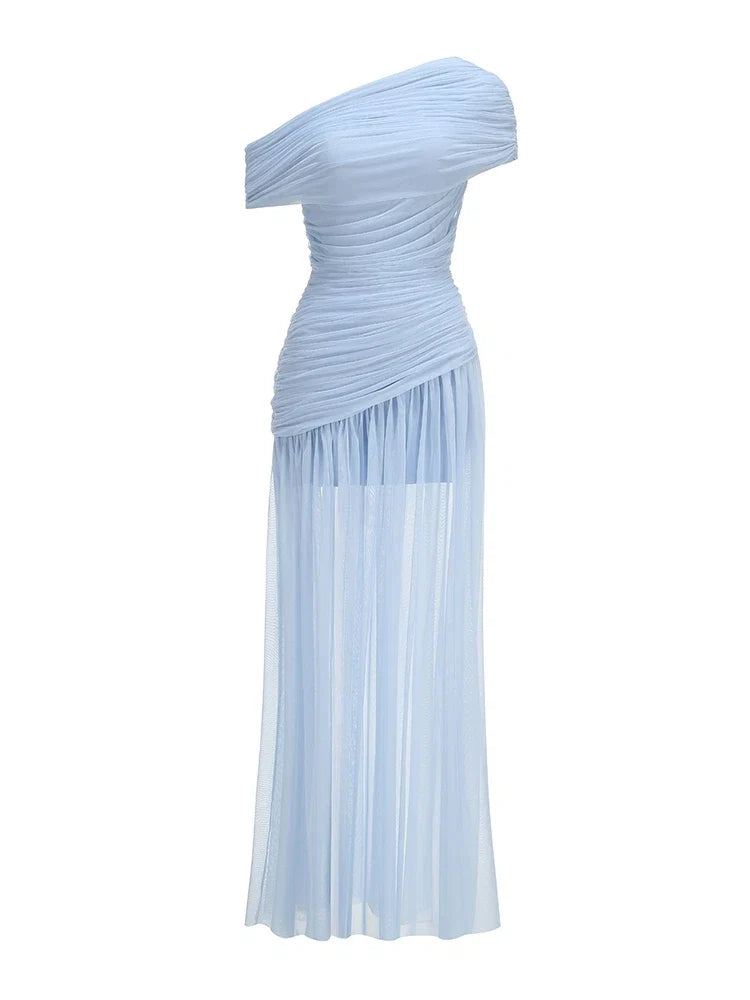 Sexy One Shoulder Ruched Design Long Dress Women Blue Brown Mesh Diagonal Collar Folds Slim Dresses Evening Party Cocktail Gowns