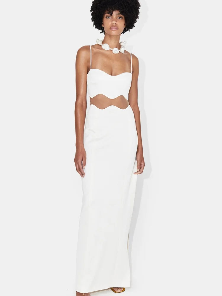 VC Fashion Sexy Black & White Strappy Sleeveless Maxi Dress with Sheer Design for Party Prom Evening Gown