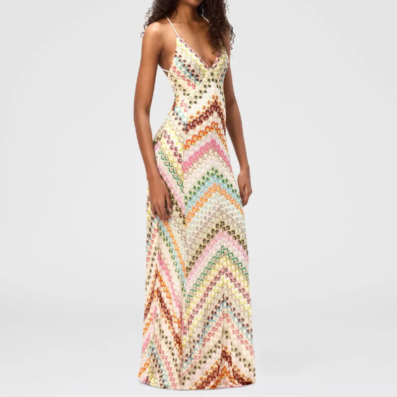 Holiday Spaghetti Strap Simple Party Dress, Women Summer Printing Backless Sexy Maxi Dress, 2025 Deep V Neck Chic Ladies Dress