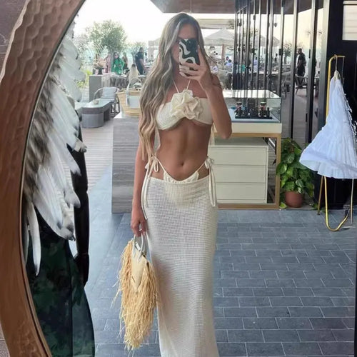 Apricot Beach Skirt Sets Women Fashion 3 Piece Bikini Set with Cover Up Sexy Halter Crop Top and Long Skirt Holiday Outfits 2024
