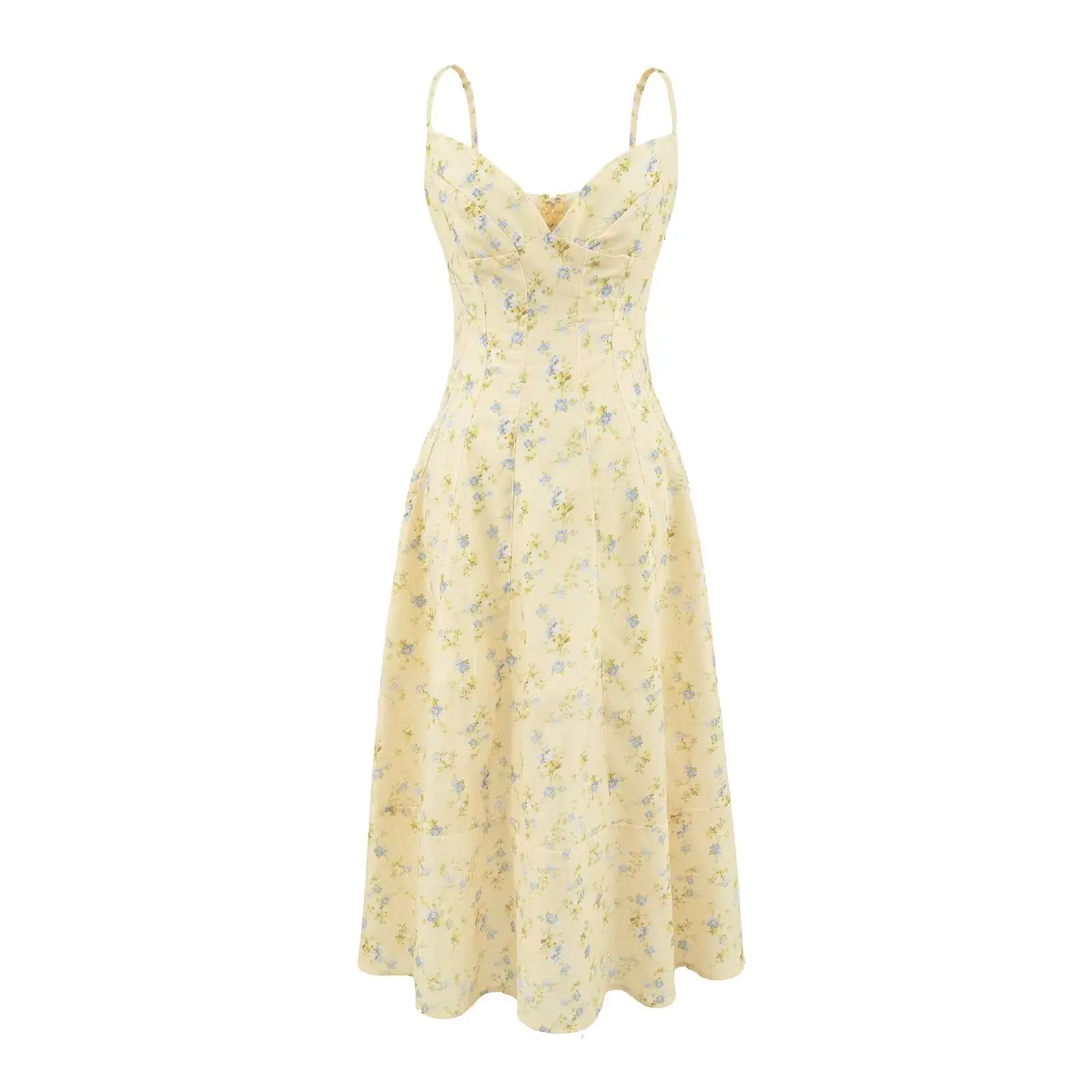 YENKYE Women Yellow Floral Sling Midi Dress Sexy V Neck A-Line Casual Summer Sundress Vacation Party Dresses Lace Up Robe