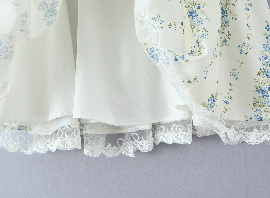 2025 Sexy Floral Print Spliced Lace Collar Corset style Lacing up Sling Dress Women Wood ears Low Waist Swing Mini Dresses Robe