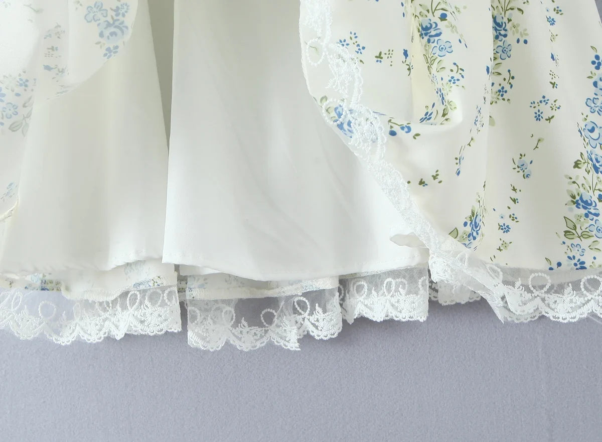 2025 Sexy Floral Print Spliced Lace Collar Corset style Lacing up Sling Dress Women Wood ears Low Waist Swing Mini Dresses Robe