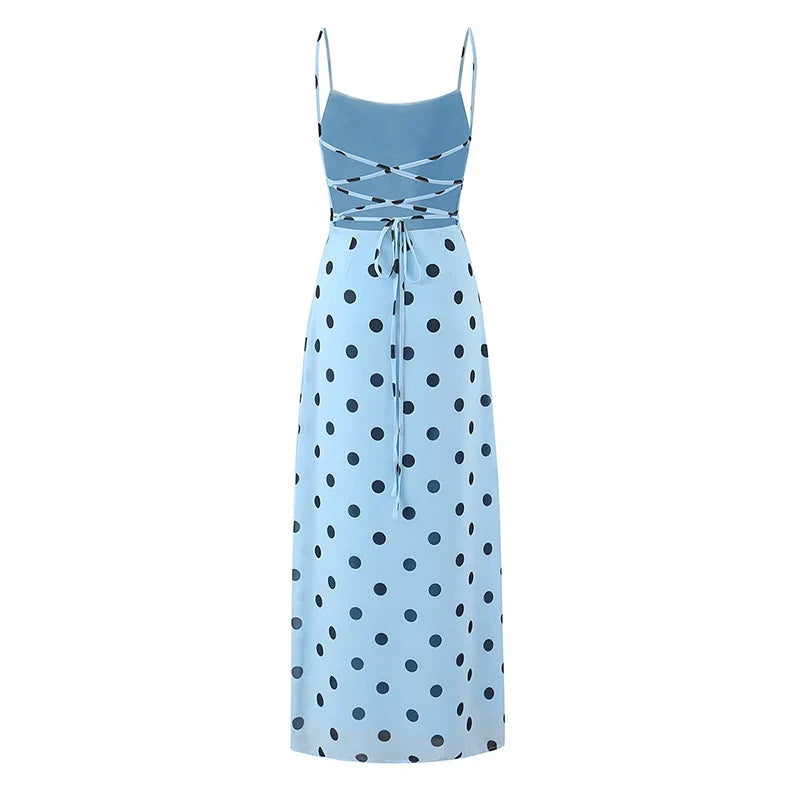 YENKYE Women Light Blue Polka Dot Sling Long Dress Sexy Backless Bandage Bodycon Casual Summer Sundress Chiffon Vestidos