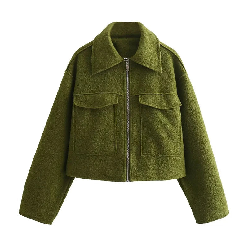 2024 Women's Elegant Solid Coat Zipper Long Sleeve Pocket Bomber Jacket Female Casual Soft Woolen Loose Streetwear Coats