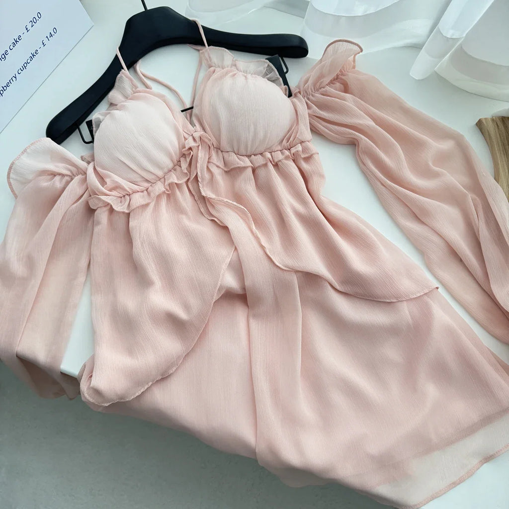 Summer French Vintage Mini Fairy Chiffon Floral Lantern Sleeve Dress Women Mori Romantic Frock Evening Court One-Piece Gyaru New