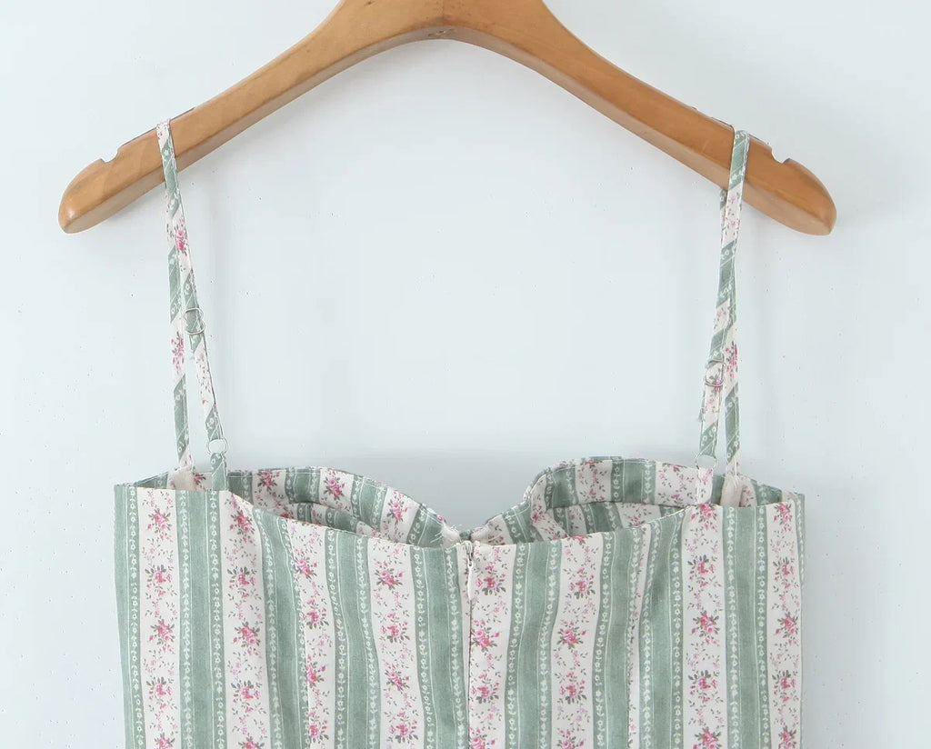 YENKYE Green Striped Floral Print Sexy Spaghetti Straps Dresses Women Elegant A-line Midi Vacation Party Dresses Summer Robe